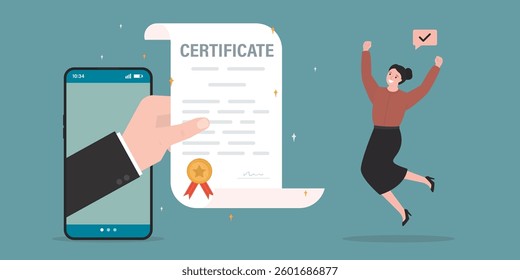Human hand give certificate paper for happy female student with work achievement. Certificate on taking course in mobile app, award for best work or diploma document. Stamp of education certified.