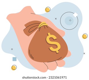 La mano humana da una bolsa de dólares, sosteniendo dinero. Los empresarios invierten fondos. Ingresos de financiación del éxito empresarial. Inversión en moneda y efectivo, ahorro de dinero aislado. Comercio financiero, ingresos en dólares