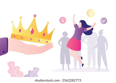 Human hand give gold crown for happy user woman or winner. Subscriber or follower with VIP status, winner, luxury premium. High quality, premium account. Privileges for vip. vector illustration