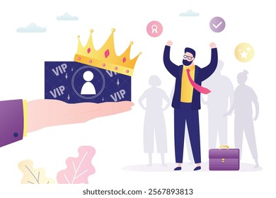 Human hand give gold member card for happy user or subscriber. Big business card with golden crown. VIP status, winner, luxury premium. High quality, premium account. Privileges for vip. flat vector