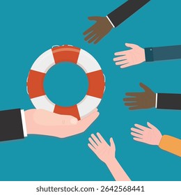 Human hand give lifebuoy. Insurance, emergency service. Symbol of help or support for survival. Lifebuoy on blue background. Red life preserver for various multiethnic needy. flat vector illustration