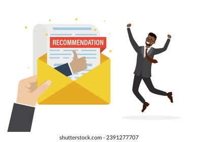 Human hand give recommendation letter in mail envelope for happy businessman or employee. Recommendation letter, apply new job, experience or qualification guarantee. Work quality assessment. vector