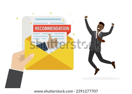 Human hand give recommendation letter in mail envelope for happy businessman or employee. Recommendation letter, apply new job, experience or qualification guarantee. Work quality assessment. vector