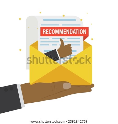 Human hand give recommendation letter in mail envelope. Boss holds recommendation letter, apply new job, experience or qualification guarantee. Work quality assessment. flat vector illustration