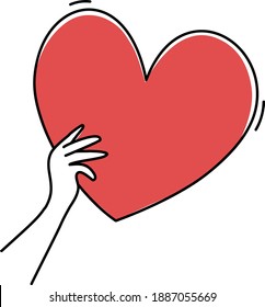 Human hand give red heart. Hand drawn vector illustration.