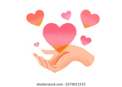 Human hand gives big pink heart to someone. Concept of love, charity, sharing love, helping others, support, philanthropy and donation. Take care love, hand holding heart vector illustration.