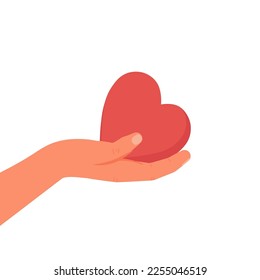 Human hand gives big red heart to someone. Concept of love, charity, sharing love, helping others, support, philanthropy and donation. Take care love, hand holding heart vector isolated illustration.