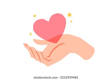 Human hand gives big red heart to someone. Concept of love, charity, sharing love, helping others, support, philanthropy and donation. Take care love, hand holding heart vector isolated illustration.