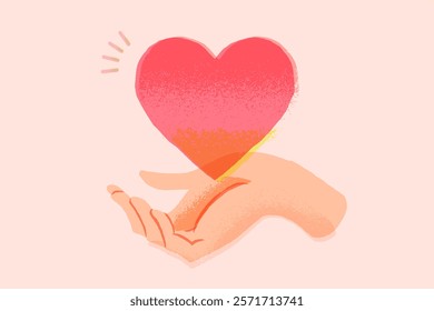 Human hand gives big red heart to someone. Concept of love, charity, sharing love, helping others, support, philanthropy and donation. Take care love, hand holding heart vector illustration.