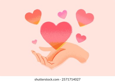 Human hand gives big red heart to someone. Concept of love, charity, sharing love, helping others, support, philanthropy and donation. Take care love, hand holding heart vector illustration.