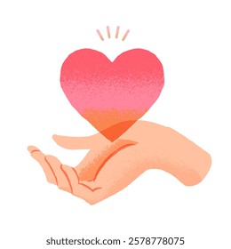 Human hand gives big red heart to someone. Concept of love, charity, sharing love, helping others, support, philanthropy and donation. Take care love, hand holding heart vector illustration.