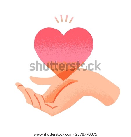 Human hand gives big red heart to someone. Concept of love, charity, sharing love, helping others, support, philanthropy and donation. Take care love, hand holding heart vector illustration.