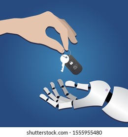 Human Hand Gives Car Keys To Robot Hands On Dark Blue Background. 