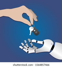 Human Hand Gives Car Keys To Robot Hands On Dark Blue Background. Concept Of Artificial Intelligence, Self-driving. Replacing A Person With A Car, Driving A Car Without A Person