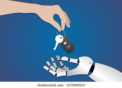 Human Hand Gives Car Keys To Robot Hands On Dark Blue Background. Concept Of Artificial Intelligence, Self-driving. Replacing A Person With A Car, Driving A Car Without A Person Horizontal