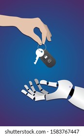 Human Hand Gives Car Keys To Robot Hands On Dark Blue Background. Concept Of Artificial Intelligence, Self-driving. Replacing A Person With A Car, Driving A Car Without A Person Vertical