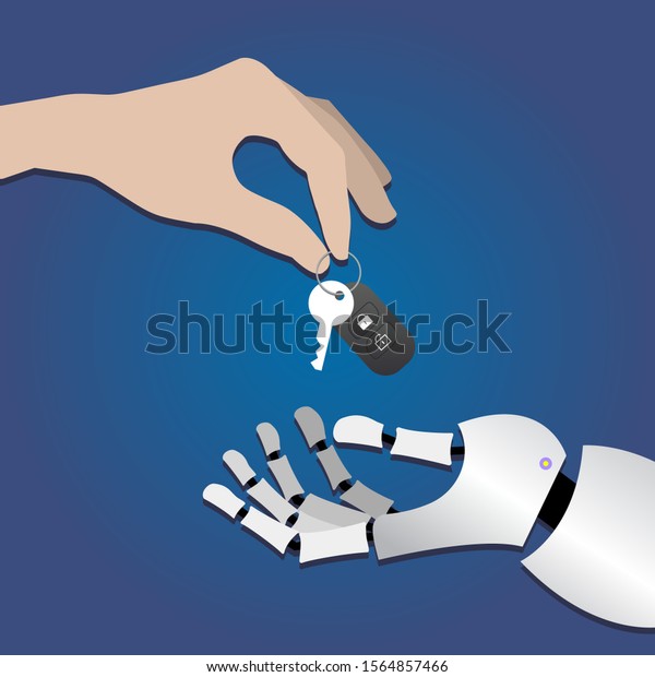 human hand gives car\
keys to robot hands on dark blue background. concept of artificial\
intelligence, self-driving. replacing a person with a car, driving\
a car without a person