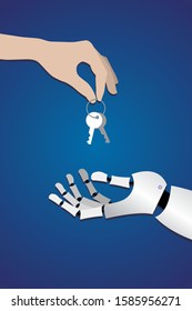 human hand gives the keys to the metallic arm of the robot on a dark blue background. symbol, artificial intelligence concept, transfer of work to machines vertical vector