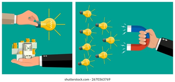 La mano humana da una bombilla por dinero y otra mano atrae bombillas con un imán. Concepto de generación e inversión de ideas.