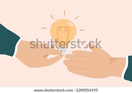 Human Hand gives a light bulb to another person. Concept of communication. Illustration of people exchanging creative solutions, sharing skills, knowledge and business ideas. Vector illustration