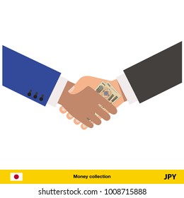 Human hand gives money to another person vector illustration. Yen banknote.