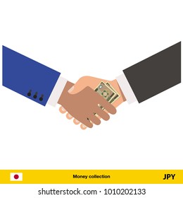 Human hand gives money to another person vector illustration. Yen banknote.