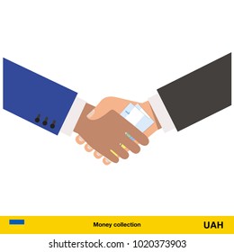 Human hand gives money to another person vector illustration.  hryvnia banknote.
