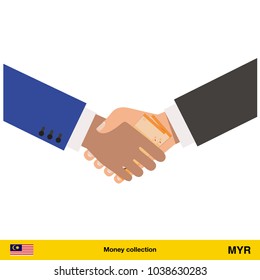 Human hand gives money to another person vector illustration.  Ringgit banknote.