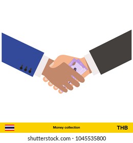 Human hand gives money to another person vector illustration. Thai baht banknote.