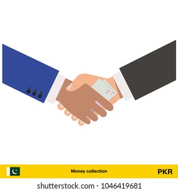 Human hand gives money to another person vector illustration.  Pakistan rupee banknote.