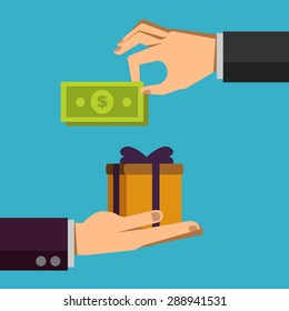 Human hand gives money to another person. Pay for thing, gift. Illustration in flat design style. Finance business concept for presentation, booklet, website etc.