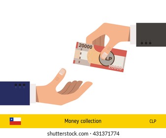 Human hand gives money to another person vector illustration. Chilean peso banknote. 
