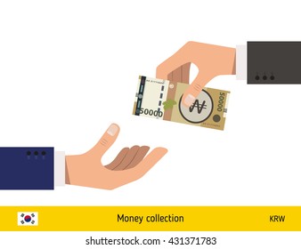 Human hand gives money to another person vector illustration. South Korean won banknote. 