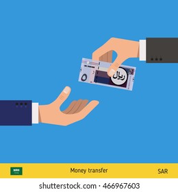 Human hand gives money to another person vector illustration. Saudi Arabian riyal banknote.