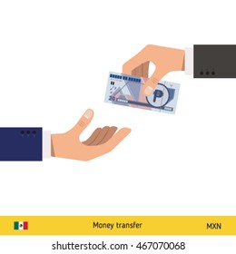 Human hand gives money to another person vector illustration. Mexican peso banknote.