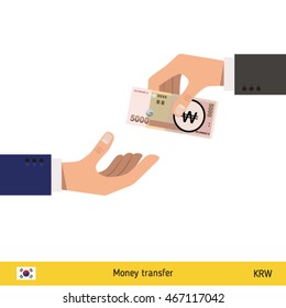 Human hand gives money to another person vector illustration. South Korean won banknote.