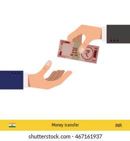 Human hand gives money to another person vector illustration. Indian rupee banknote.