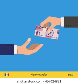 Human hand gives money to another person vector illustration. Mexican peso banknote.