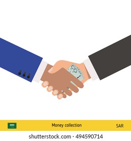 Human hand gives money to another person vector illustration. Saudi Arabian riyal banknote.