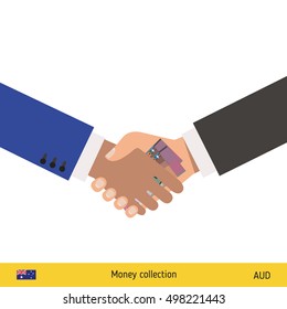 Human hand gives money to another person vector illustration. Australian dollar banknote.