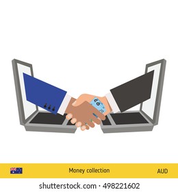 Human hand gives money to another person vector illustration. Australian dollar banknote.