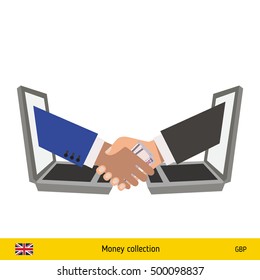 Human hand gives money to another person vector illustration. British pound banknote.