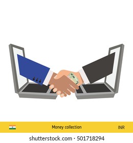 Human hand gives money to another person vector illustration. Indian rupee banknote.
