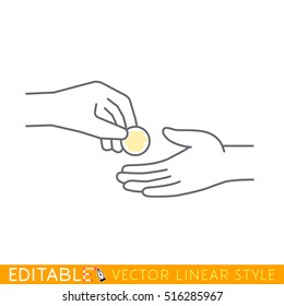 Human Hand Gives Money To Another Person. Editable Outline Sketch Icon.