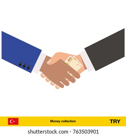 Human hand gives money to another person vector illustration. lira banknote.