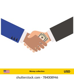 Human hand gives money to another person vector illustration. Dollar banknote.