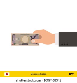 Human hand gives money vector illustration. Yen banknote.