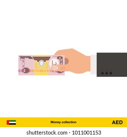 Human hand gives money vector illustration. Dirham banknote.
