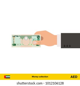 Human hand gives money vector illustration. Dirham banknote.
