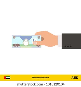 Human hand gives money vector illustration. Dirham banknote.